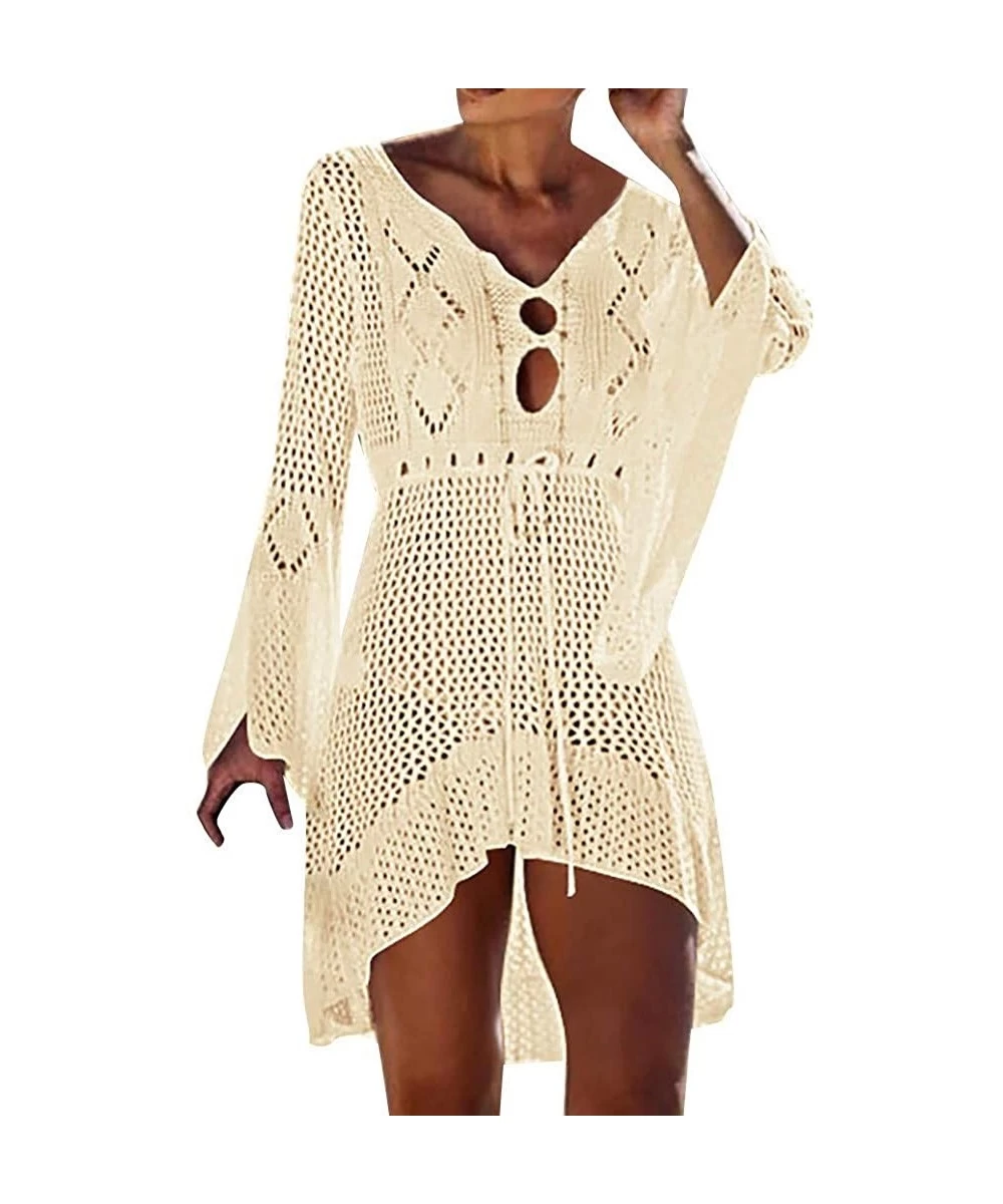 Cover-Ups Women's Asymmetrical Hollow Lace Beach Bikini Cover up Dress Bathing Suit Crochet Hollow Out Swimsuit - Beige - CK1...