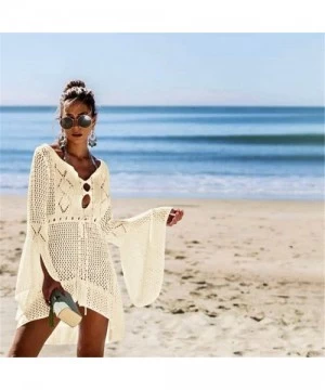 Cover-Ups Women's Asymmetrical Hollow Lace Beach Bikini Cover up Dress Bathing Suit Crochet Hollow Out Swimsuit - Beige - CK1...