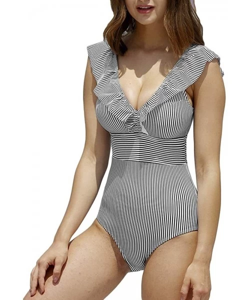 One-Pieces 2019 Sexy Retro V Neck Swimsuit One Piece Ruffled Padded High Waist Swimwear Women Monokini - Black Striped - CK18...