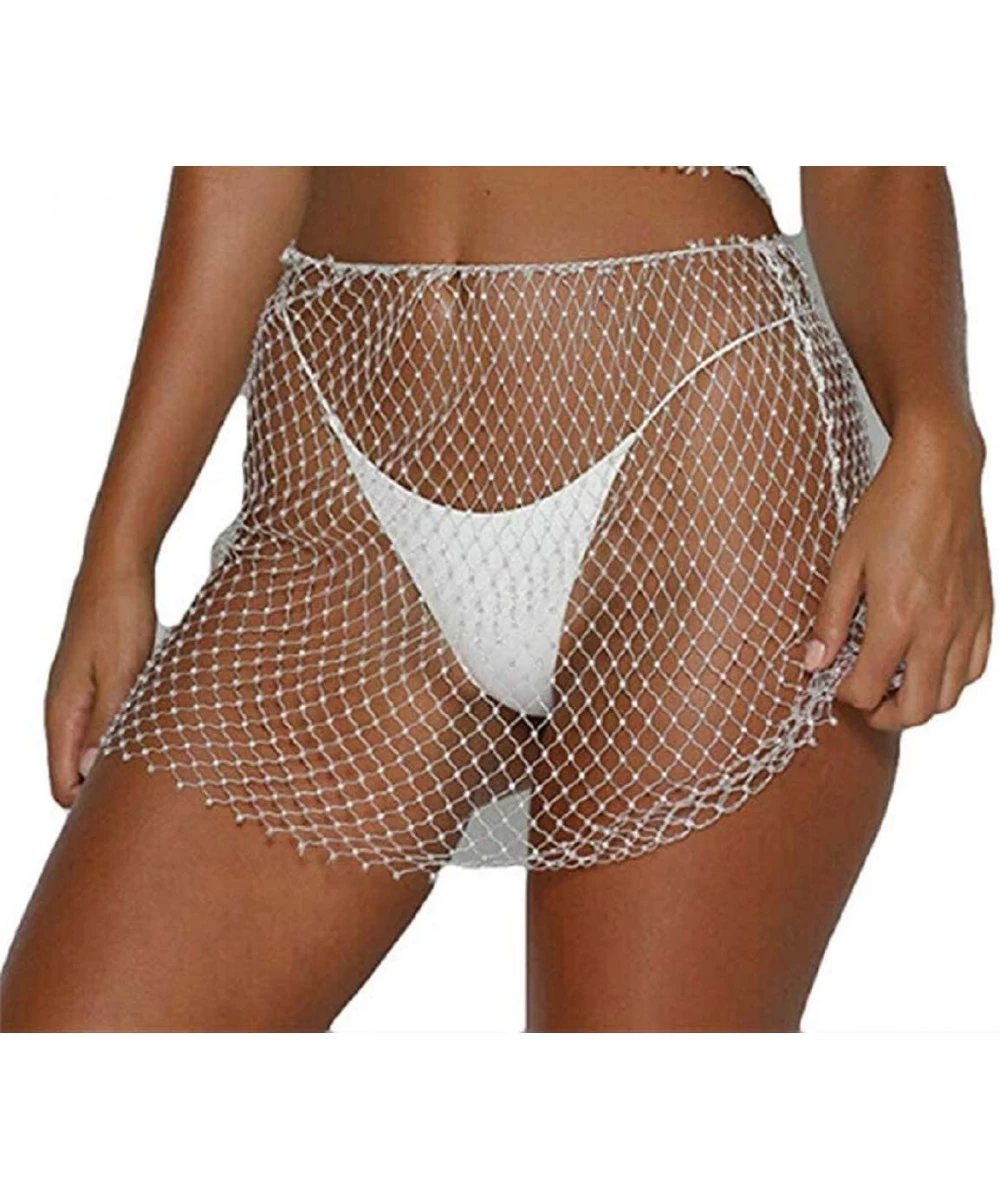 Cover-Ups Sexy Women Mesh See Through Rhinestone Fishnet Mini Skirts Beach Wrap Cover Up for Swimwear - Tops and Bottom - Swi...