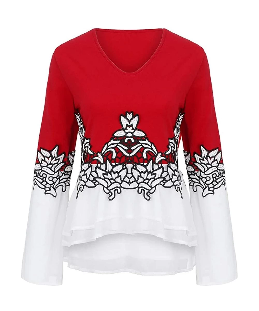 Tankinis Fashion T-Shirts for Womens Blouses Keyhole Plus Size Printed Flare Sleeve Tops - B Red - CQ18KM43KYL