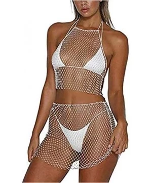 Cover-Ups Sexy Women Mesh See Through Rhinestone Fishnet Mini Skirts Beach Wrap Cover Up for Swimwear - Tops and Bottom - Swi...