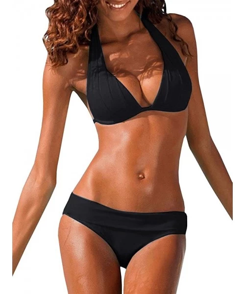 Tankinis Womens Halter Padded Top Push Up Bikini Set Two Piece Swimsuits Bathing Suits Beachwear - Black - CH18E00Q9ED