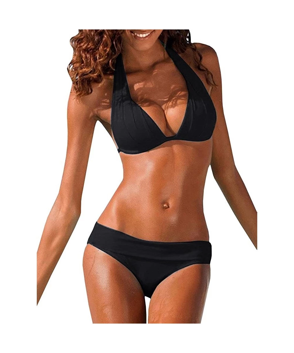 Tankinis Womens Halter Padded Top Push Up Bikini Set Two Piece Swimsuits Bathing Suits Beachwear - Black - CH18E00Q9ED