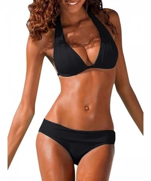 Tankinis Womens Halter Padded Top Push Up Bikini Set Two Piece Swimsuits Bathing Suits Beachwear - Black - CH18E00Q9ED