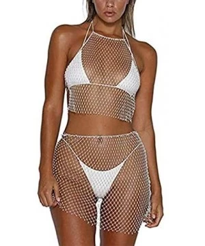 Cover-Ups Sexy Women Mesh See Through Rhinestone Fishnet Mini Skirts Beach Wrap Cover Up for Swimwear - Tops and Bottom - Swi...