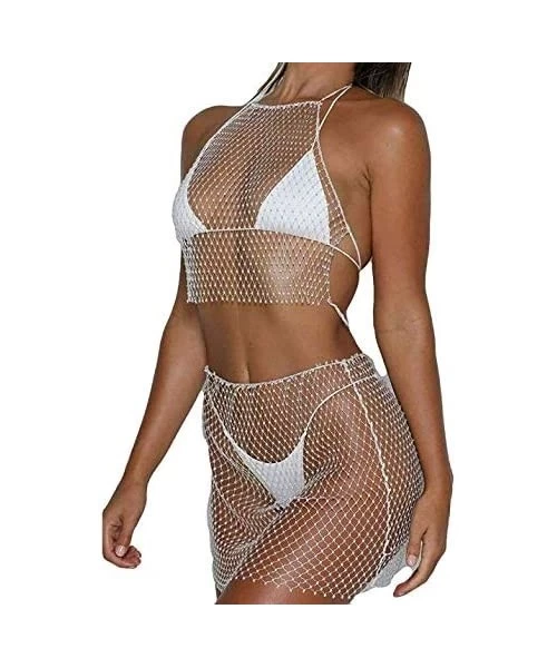 Cover-Ups Sexy Women Mesh See Through Rhinestone Fishnet Mini Skirts Beach Wrap Cover Up for Swimwear - Tops and Bottom - Swi...