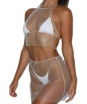 Cover-Ups Sexy Women Mesh See Through Rhinestone Fishnet Mini Skirts Beach Wrap Cover Up for Swimwear - Tops and Bottom - Swi...