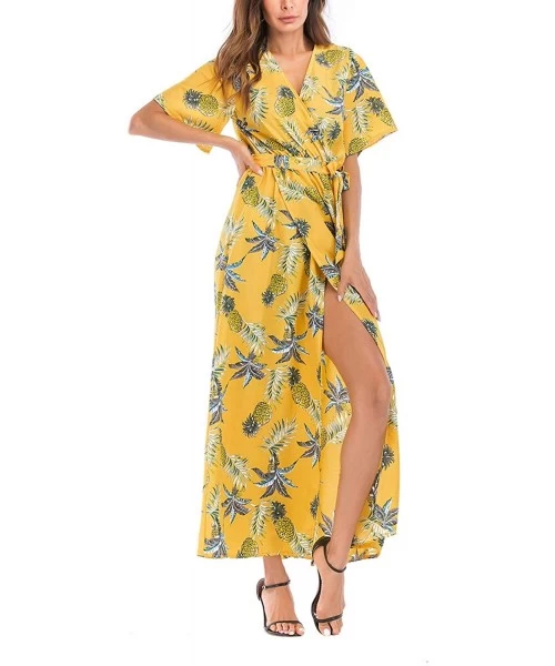 Cover-Ups Maxi Wrap Dress for Women Floral Short Sleeve Maxi Dress Boho Dress with Slit Sexy V Neck Long Dress - Floral_p - C...