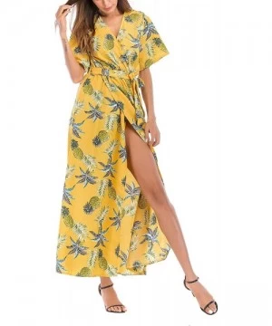 Cover-Ups Maxi Wrap Dress for Women Floral Short Sleeve Maxi Dress Boho Dress with Slit Sexy V Neck Long Dress - Floral_p - C...