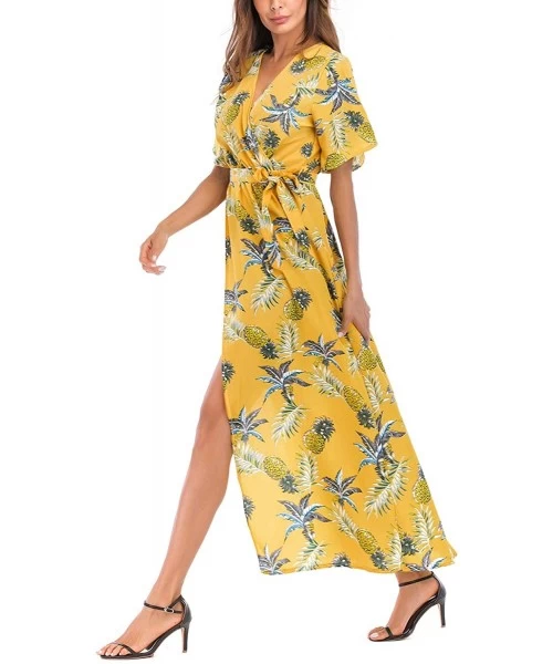 Cover-Ups Maxi Wrap Dress for Women Floral Short Sleeve Maxi Dress Boho Dress with Slit Sexy V Neck Long Dress - Floral_p - C...