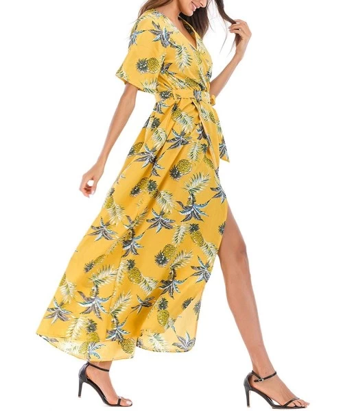 Cover-Ups Maxi Wrap Dress for Women Floral Short Sleeve Maxi Dress Boho Dress with Slit Sexy V Neck Long Dress - Floral_p - C...