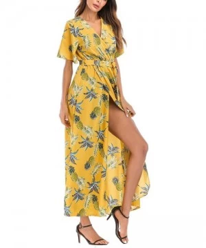 Cover-Ups Maxi Wrap Dress for Women Floral Short Sleeve Maxi Dress Boho Dress with Slit Sexy V Neck Long Dress - Floral_p - C...