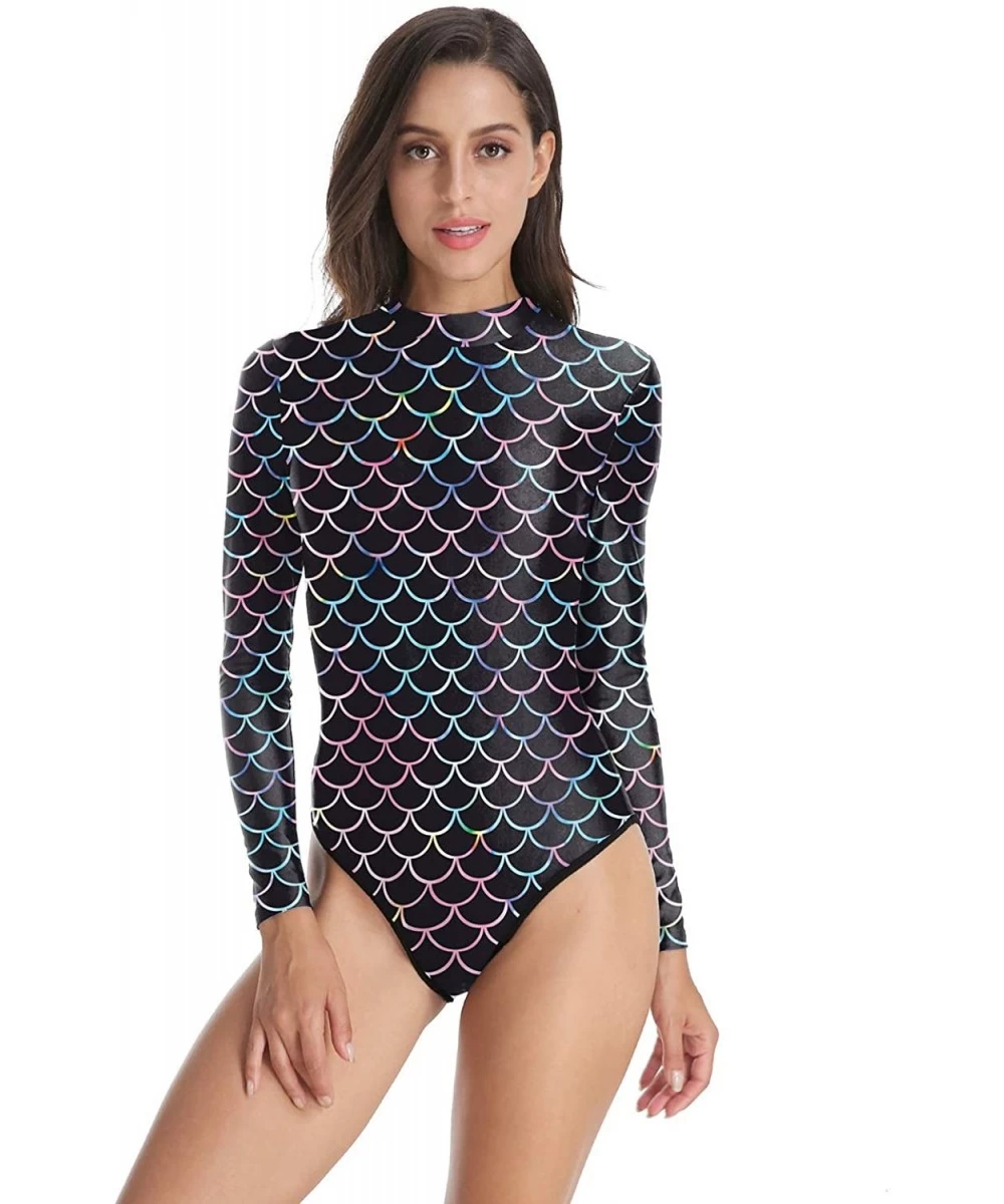 One-Pieces Women's Zip Back Printed Long Sleeve One Piece Swimsuit Swimwear - Black Scales - CX18M975QOZ