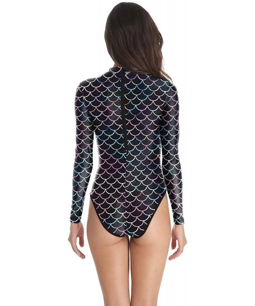 One-Pieces Women's Zip Back Printed Long Sleeve One Piece Swimsuit Swimwear - Black Scales - CX18M975QOZ