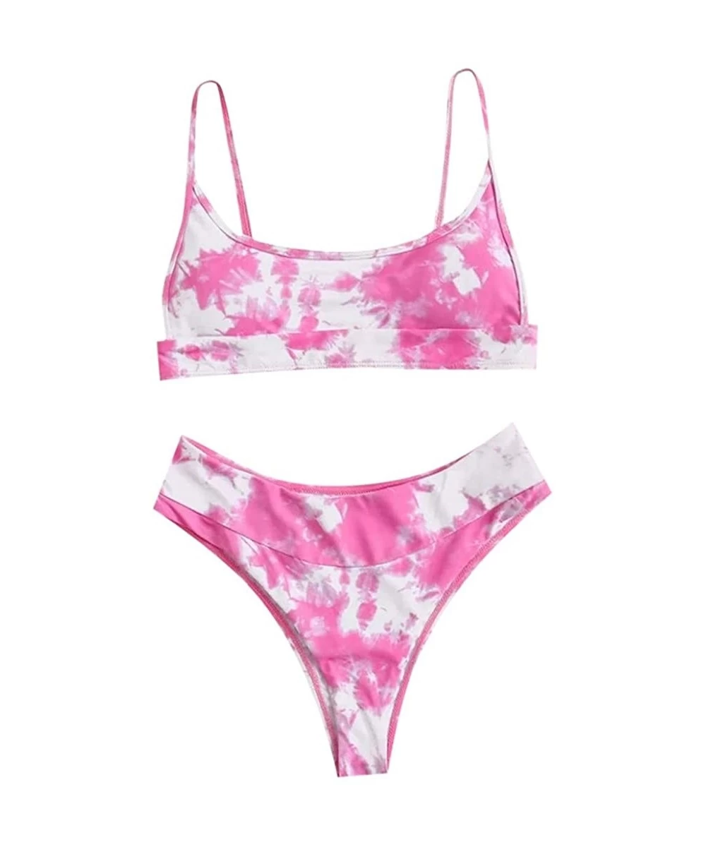 Sets Women's Tie Dye Bikini Swimsuit Scoop Neck Push up Bikini Set Two Piece High Cut Swimwear Bathing Suits - Pink - CW199UC...