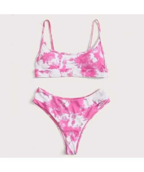 Sets Women's Tie Dye Bikini Swimsuit Scoop Neck Push up Bikini Set Two Piece High Cut Swimwear Bathing Suits - Pink - CW199UC...