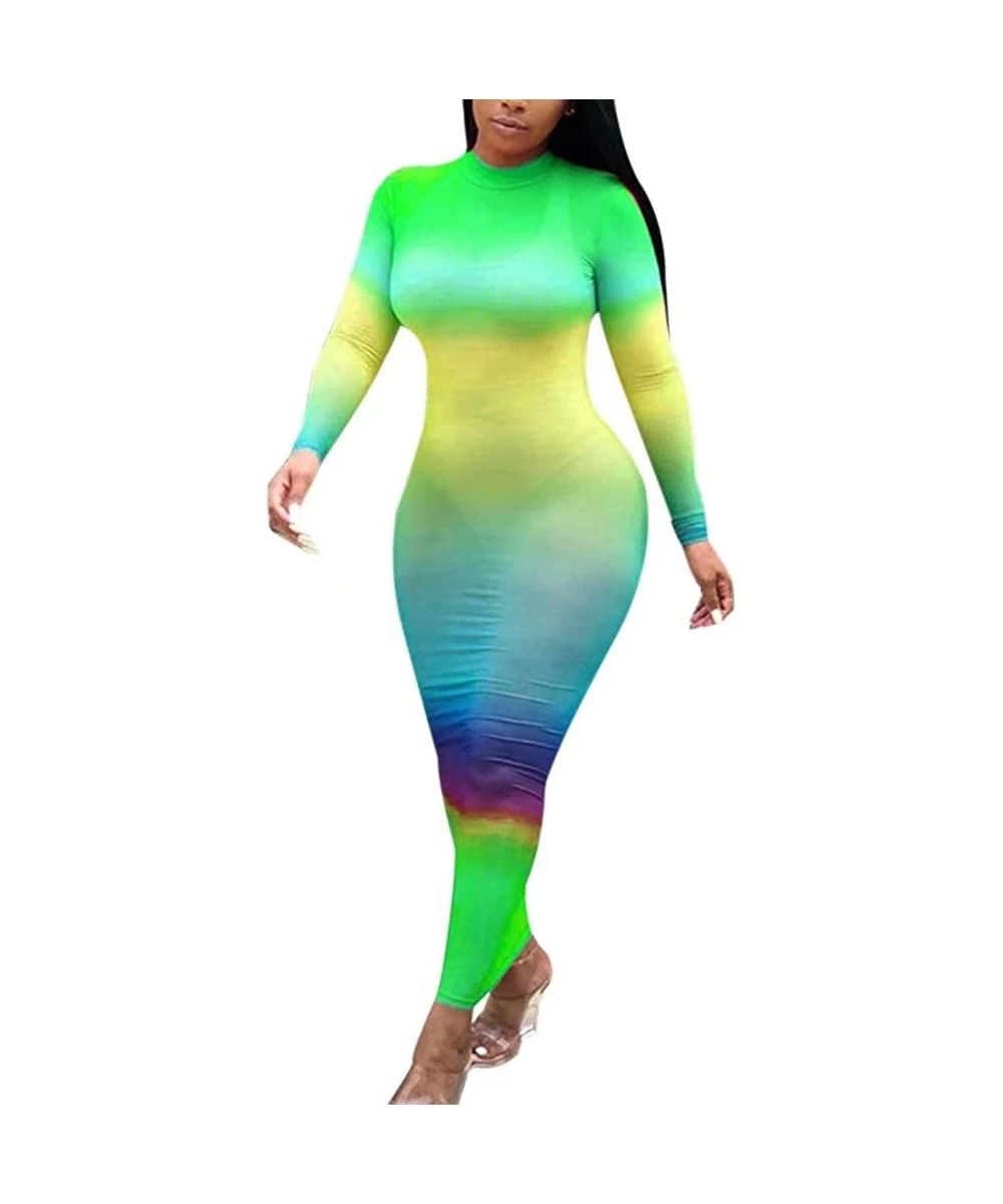 Cover-Ups Women Sexy Long Sleeve Gradient Mesh See Through Bodycon Cover Up Dress - R-green - CY194X263UQ