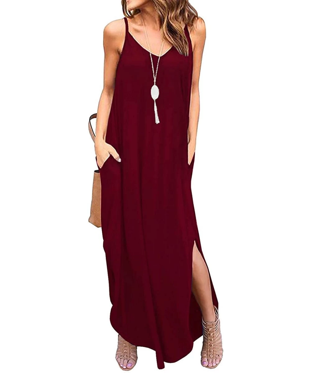 Cover-Ups Sleeveless Strappy Cami Maxi Long Dress V Neck with Pockets Casual Beach Skirt Cover Up Slits - Red - CJ18QTCWSWZ