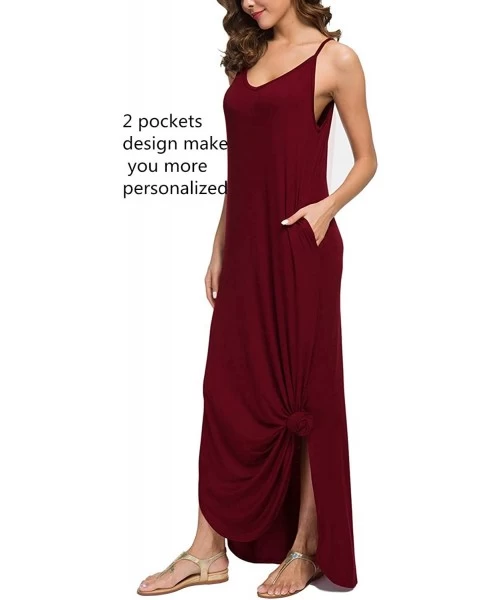 Cover-Ups Sleeveless Strappy Cami Maxi Long Dress V Neck with Pockets Casual Beach Skirt Cover Up Slits - Red - CJ18QTCWSWZ