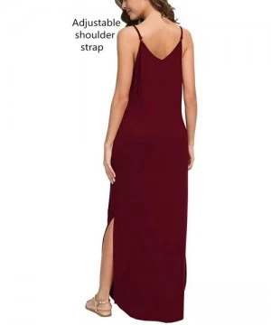 Cover-Ups Sleeveless Strappy Cami Maxi Long Dress V Neck with Pockets Casual Beach Skirt Cover Up Slits - Red - CJ18QTCWSWZ