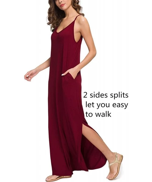 Cover-Ups Sleeveless Strappy Cami Maxi Long Dress V Neck with Pockets Casual Beach Skirt Cover Up Slits - Red - CJ18QTCWSWZ