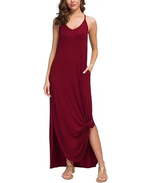 Cover-Ups Sleeveless Strappy Cami Maxi Long Dress V Neck with Pockets Casual Beach Skirt Cover Up Slits - Red - CJ18QTCWSWZ