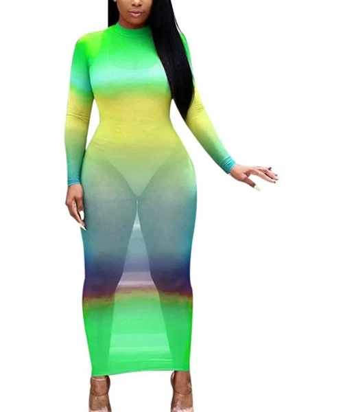 Cover-Ups Women Sexy Long Sleeve Gradient Mesh See Through Bodycon Cover Up Dress - R-green - CY194X263UQ