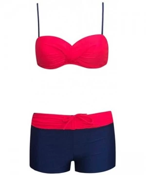 Tops Womens Fashion Color Block Strappy Bikini Set Push Up Bandeau Bra Boy Shorts Bottom 2 PC Swimsuit Bathing Suit Red - C81...