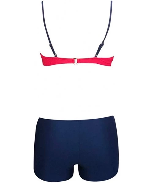 Tops Womens Fashion Color Block Strappy Bikini Set Push Up Bandeau Bra Boy Shorts Bottom 2 PC Swimsuit Bathing Suit Red - C81...