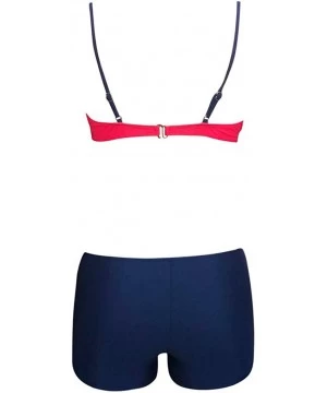 Tops Womens Fashion Color Block Strappy Bikini Set Push Up Bandeau Bra Boy Shorts Bottom 2 PC Swimsuit Bathing Suit Red - C81...