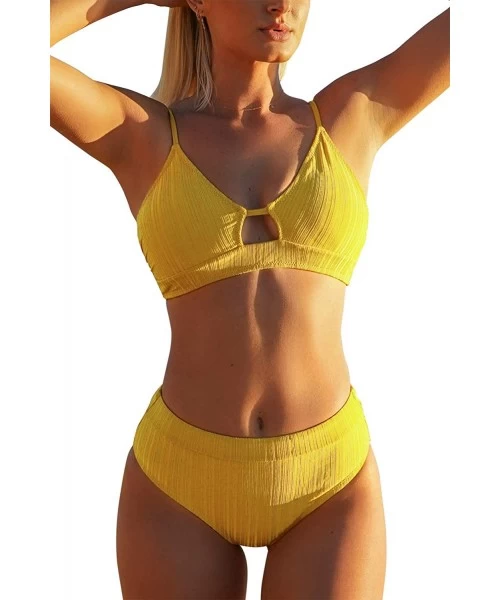 Sets Women's High Waisted Bikini Set Colorblock Adjustable Straps Two Piece Swimsuits - Yellow - CM194UYOCG7