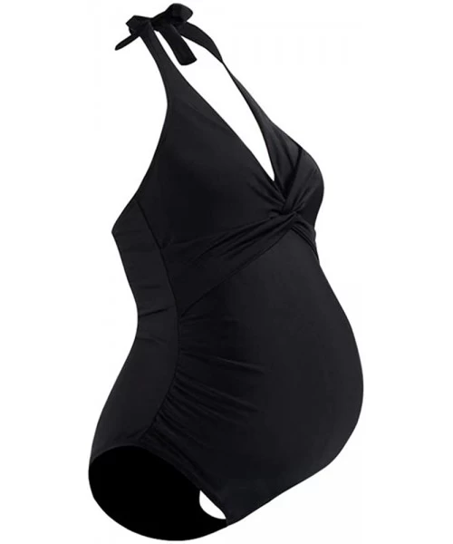 One-Pieces Maternity Swimwear One Piece Halter Pregnancy Swimsuit Solid Bathing Suit with Drawstring Adjustable - Black - CR1...