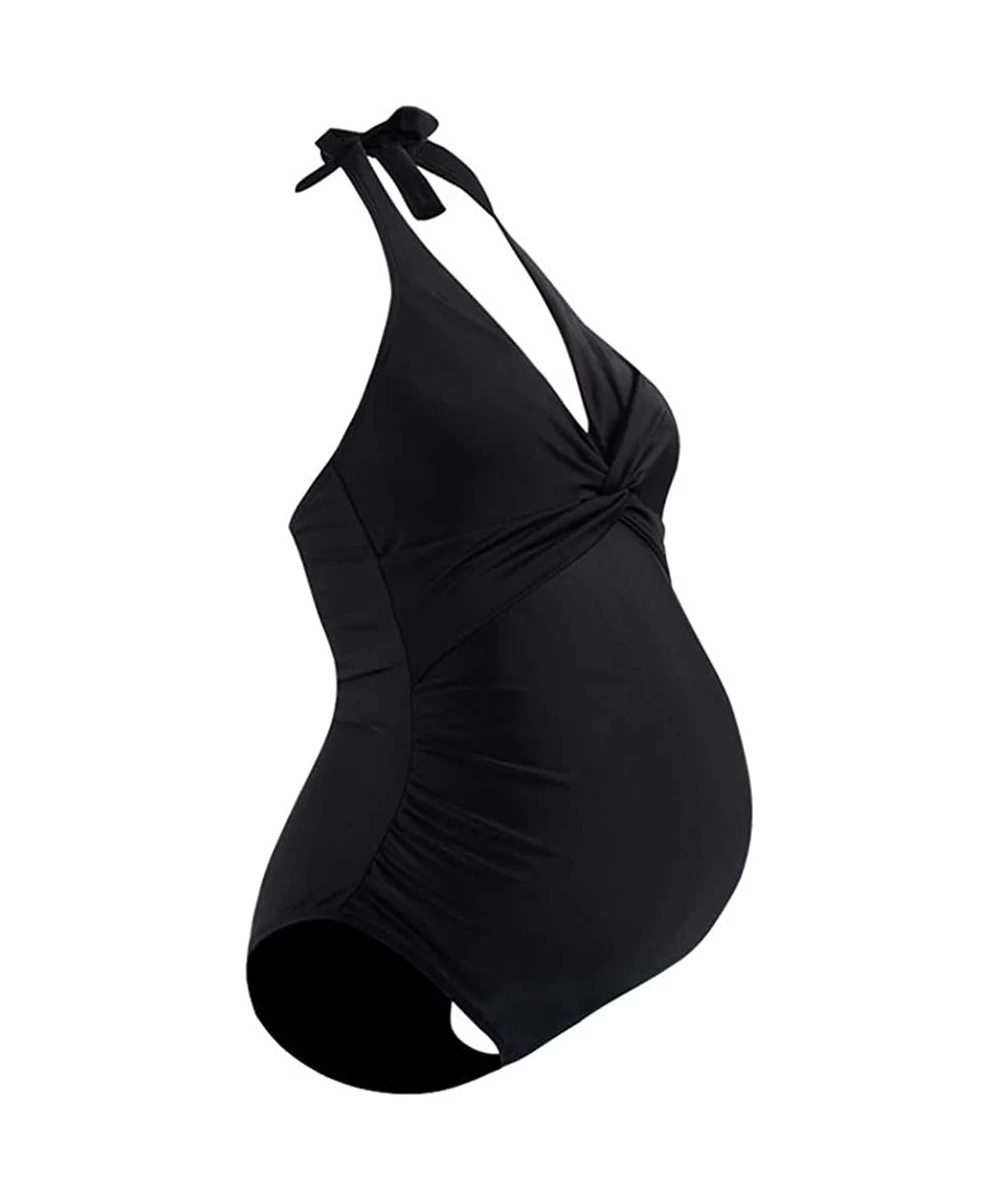 One-Pieces Maternity Swimwear One Piece Halter Pregnancy Swimsuit Solid Bathing Suit with Drawstring Adjustable - Black - CR1...