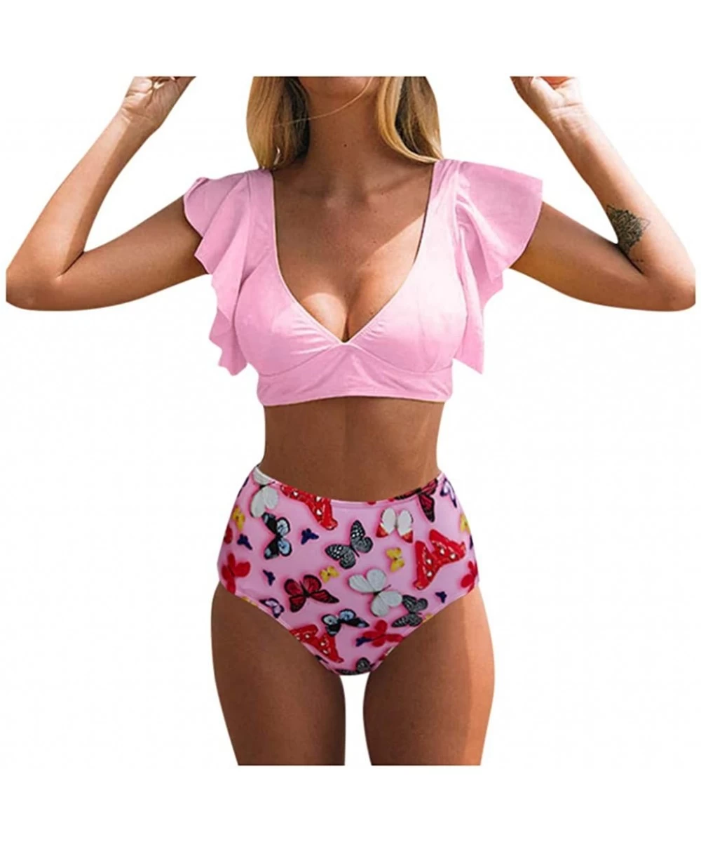 Sets Women Two Piece Set Plus Size Bathing Suit Flounce Ruffled Tops High Waisted Floral Print Tankin - Z02-pink - C0198G7O8WU