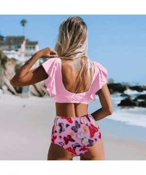 Sets Women Two Piece Set Plus Size Bathing Suit Flounce Ruffled Tops High Waisted Floral Print Tankin - Z02-pink - C0198G7O8WU