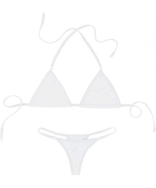 Sets Women's Halterneck Micro Bra Top V String Thongs Mini Triangle Bikini Set Swimsuit - White - CW18NQQ8LG0