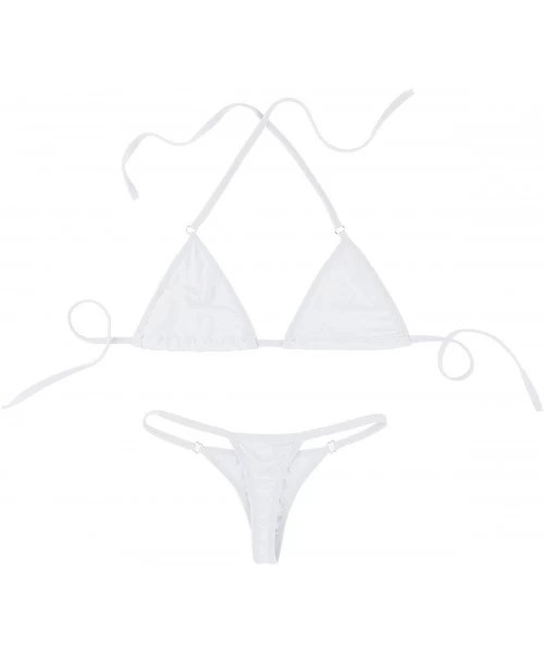 Sets Women's Halterneck Micro Bra Top V String Thongs Mini Triangle Bikini Set Swimsuit - White - CW18NQQ8LG0