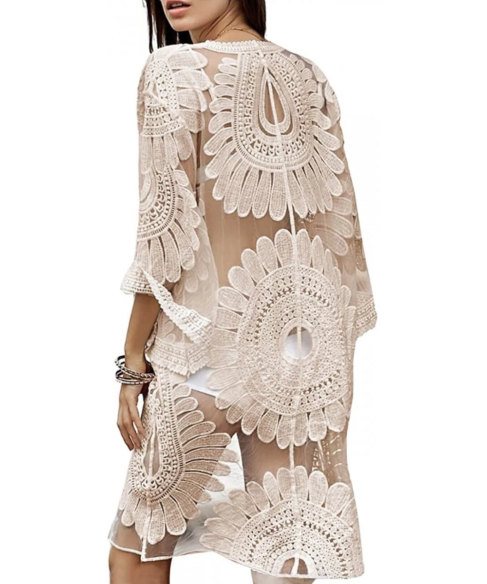 Cover-Ups Women's Floral Crochet Lace Beach Swimsuit Cover Ups Long Vintage Kimono Cardigan - Beige - CT196D9TREM