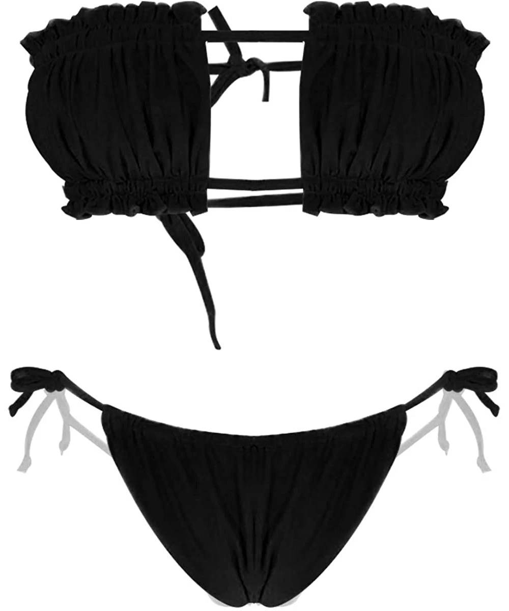 Sets Women's Brazilian Swimsuit Ruffle Square Cup Bandeau Bra and Tie Side Thong Bikini Set - Black - CC190N7GWZY