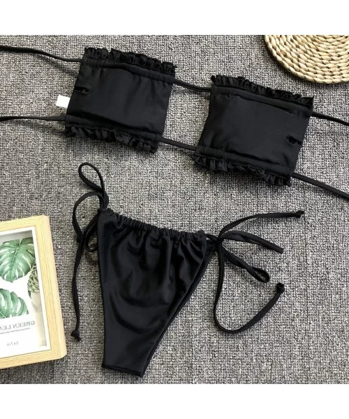 Sets Women's Brazilian Swimsuit Ruffle Square Cup Bandeau Bra and Tie Side Thong Bikini Set - Black - CC190N7GWZY