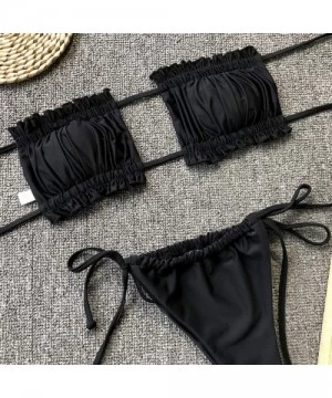 Sets Women's Brazilian Swimsuit Ruffle Square Cup Bandeau Bra and Tie Side Thong Bikini Set - Black - CC190N7GWZY