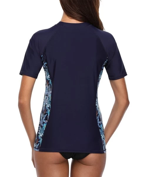 Rash Guards Women Short Sleeve Rash Guard Half-Zip Adjustable Drawstring UPF 50 Swim Shirt - Navy Flower - C018040ERKL