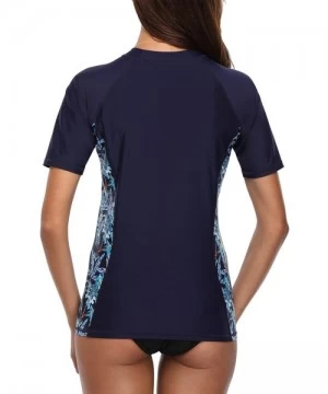 Rash Guards Women Short Sleeve Rash Guard Half-Zip Adjustable Drawstring UPF 50 Swim Shirt - Navy Flower - C018040ERKL