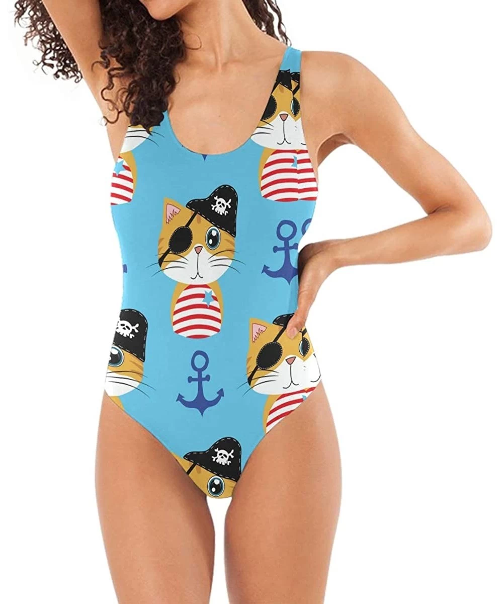 One-Pieces Cute Cats Light Blue Navy Anchor Women One Piece Printing Bathing Suit S - CT18OS2R066