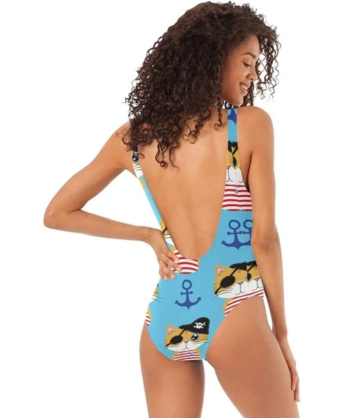 One-Pieces Cute Cats Light Blue Navy Anchor Women One Piece Printing Bathing Suit S - CT18OS2R066