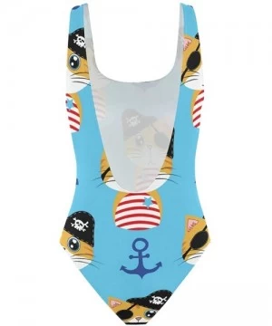 One-Pieces Cute Cats Light Blue Navy Anchor Women One Piece Printing Bathing Suit S - CT18OS2R066