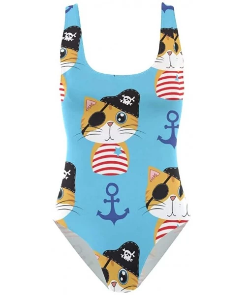 One-Pieces Cute Cats Light Blue Navy Anchor Women One Piece Printing Bathing Suit S - CT18OS2R066