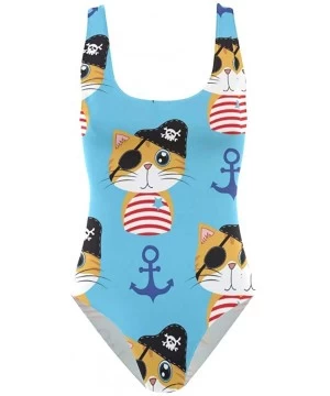 One-Pieces Cute Cats Light Blue Navy Anchor Women One Piece Printing Bathing Suit S - CT18OS2R066