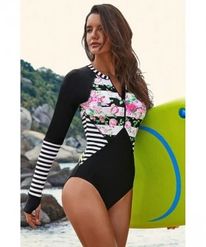 Racing Women's One Piece Rashguard Wetsuit Swimsuit Sun Protection - Black Floral - C218O526NGT